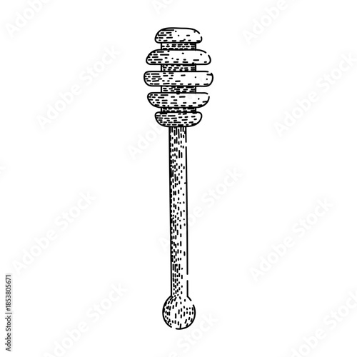 Line art drawing depicting a classic wooden honey dipper stick, showcasing a traditional kitchen utensil for serving natural liquid sweeteners like honey