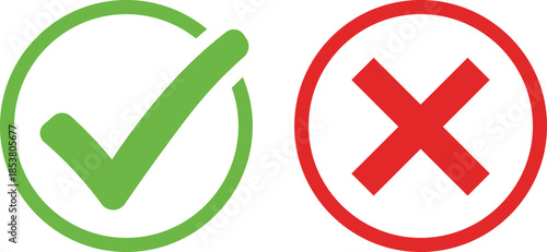 Green check mark in circle and red cross in circle on white background correct