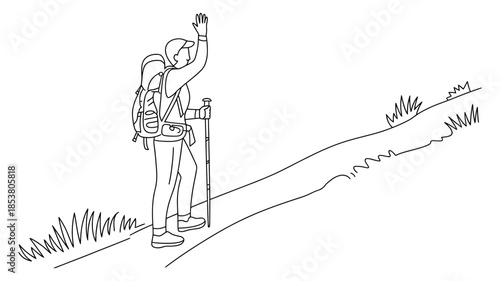 Hiker waving hello on a mountain trail with trekking poles and backpack