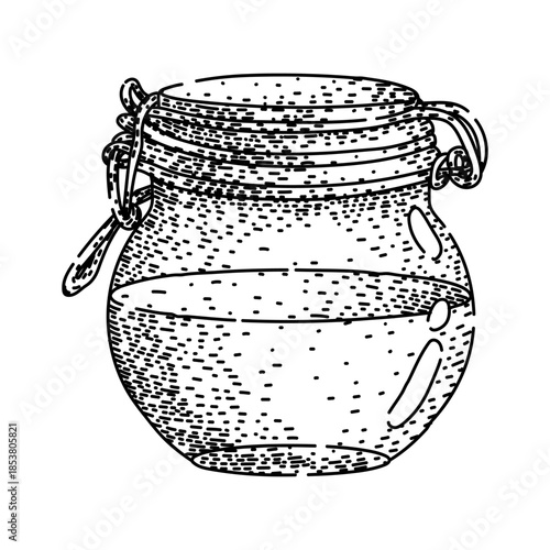 Glass jar filled with a thick liquid, possibly honey, featuring a detailed latch closure, presented as a hand drawn illustration on a white background