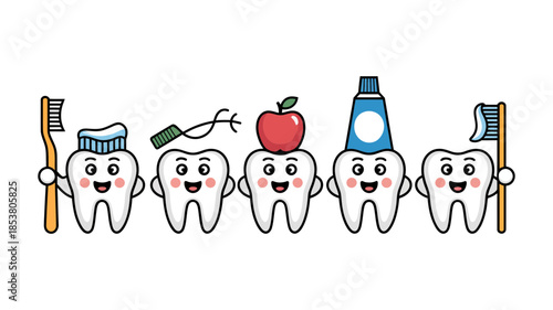 Cute cartoon teeth characters holding toothbrushes and toothpaste, promoting dental hygiene