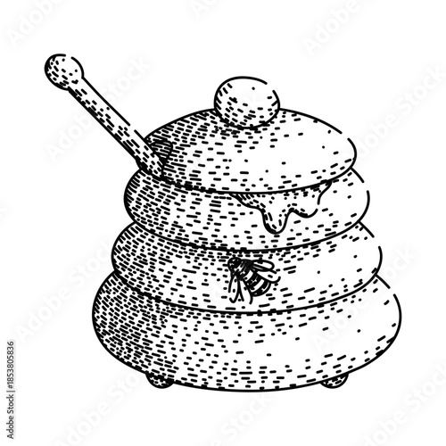 Honey pot shaped like a beehive with a wooden dipper and dripping honey, accompanied by a bee, line art illustration evoking natural sweetness, beekeeping, and vintage kitchen charm