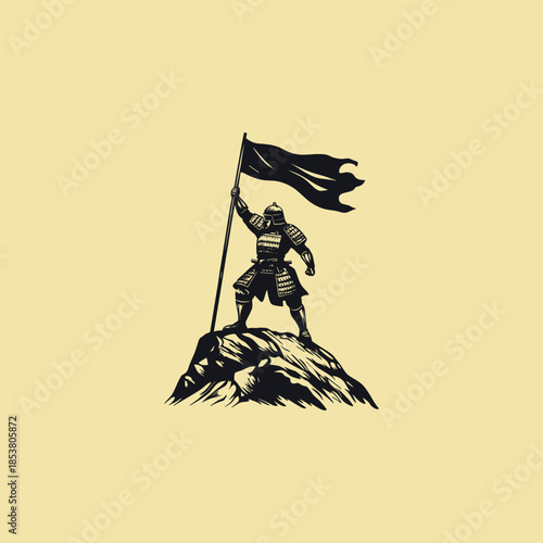 Vintage hand-drawn illustration of a fierce samurai warrior standing atop a mountain peak, triumphantly holding a tattered battle flag