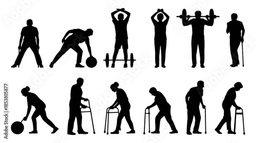 Silhouettes of people exercising and using mobility aids