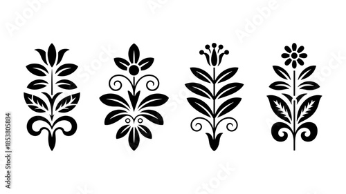 Black floral ornamental designs with symmetrical patterns