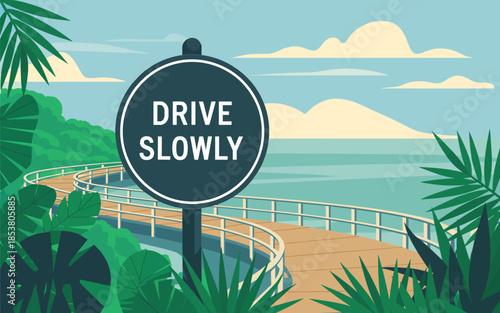 A serene coastal path with a sign advising to drive slowly, surrounded by lush greenery and a calm sea