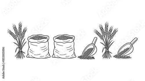Outline illustration representing agricultural harvest with sacks of grains and wheat stalks