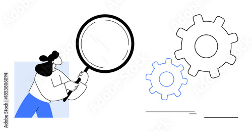 Person examining large gears with magnifying glass, focusing on process analysis, efficiency, and improvement. Ideal for teamwork, strategy, research, innovation, learning productivity simple flat