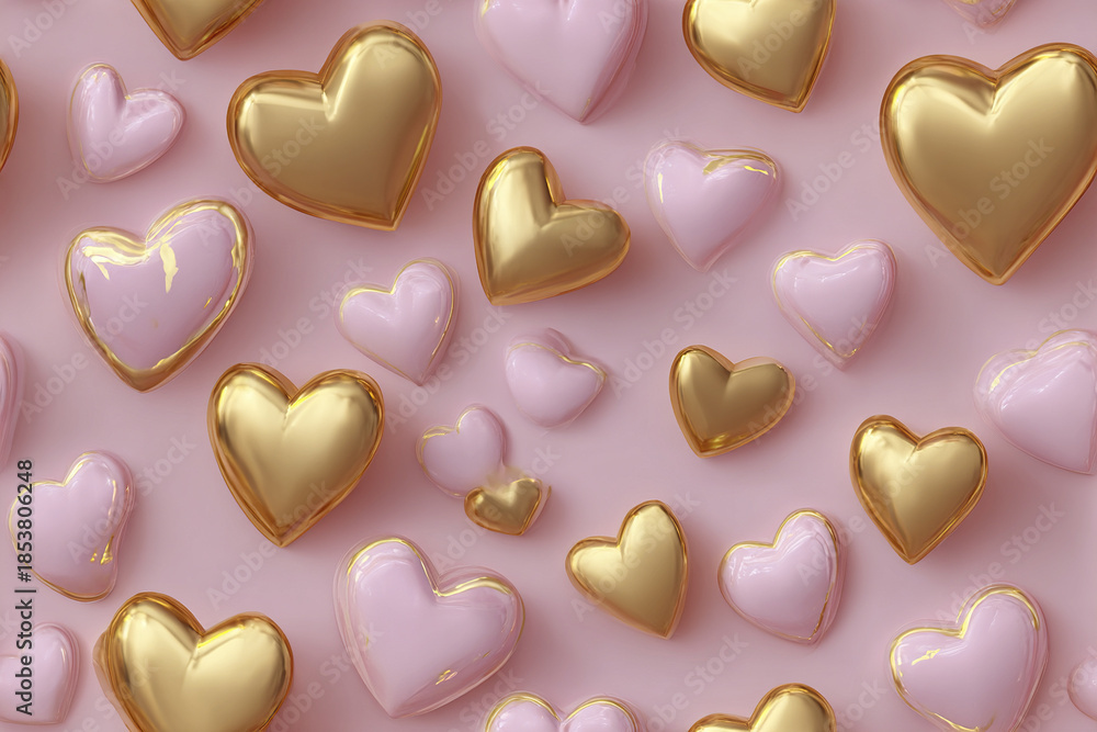 Obraz premium Pink heart gold heart love romantic decoration background pattern feminine soft shiny valentine celebration sweet pastel design