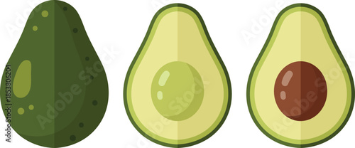 Three avocados whole halved with pit and without pit whole avocado halved avocado
