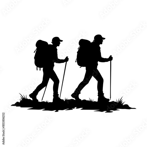 Two Hikers Silhouettes with Backpacks and Trekking Poles on an Outdoor Adventure