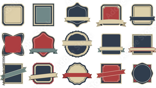 Collection of retro graphic labels and badges with banners for text, isolated on white background