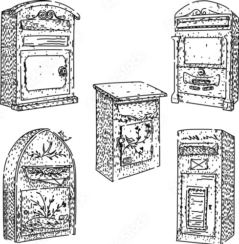 Five antique style mailboxes featuring various decorative elements and designs, illustrating traditional postal communication within a hand drawn black and white ink sketch