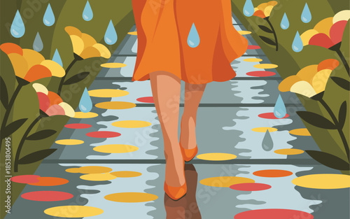 Woman walks on a rainy pathway surrounded by autumn leaves and lush greenery from a rear viewpoint