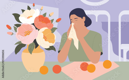 Woman blowing nose with tissue surrounded by oranges and flowers on table indoors