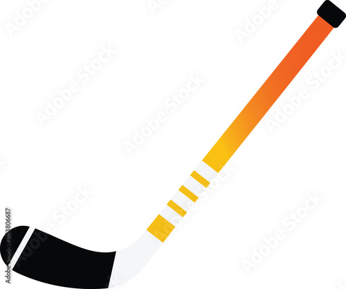 Black hockey stick with orange and yellow gradient shaft and white stripes sports equipment
