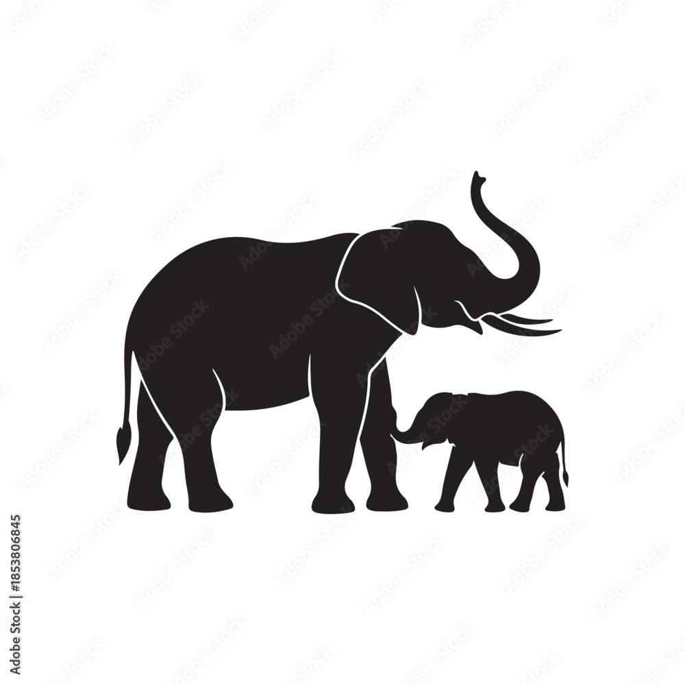 Fototapeta premium Elephant with baby silhouette vector flat illustration on white background
