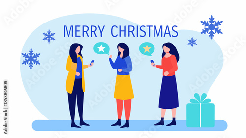 Three women exchanging christmas greetings on their phones with snowflakes and a gift box present