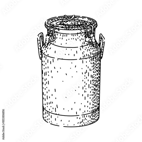 Rustic milk can illustration featuring a classic design with handles and a lid, representing dairy farming, traditional equipment, and old fashioned farm life