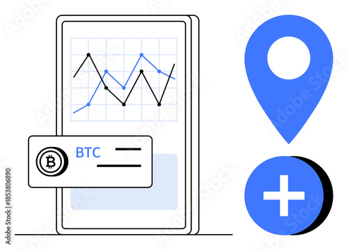 Cryptocurrency concept. Bitcoin payment, financial graphs, and location highlight cryptocurrency trends. Cryptocurrency aids in finance management, global trade, investing, and fintech apps