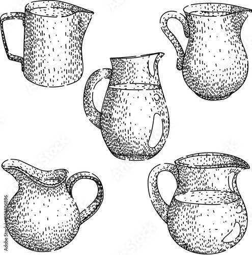 Multiple pitchers and creamers in a hand drawn doodle style, illustrating various types of beverage serving containers for milk, water, or other liquids on a clean white background