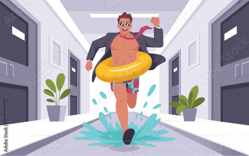 Man in business attire running with inflatable ring in office hallway