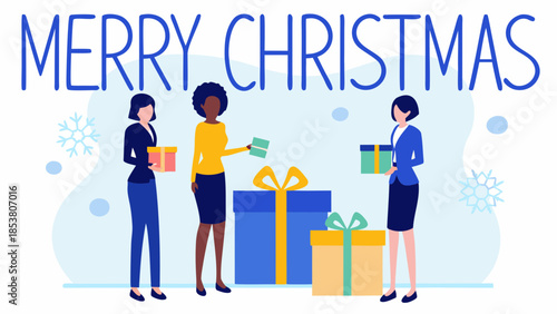 Three women in business attire exchanging christmas gifts with merry christmas text and snowflake accents