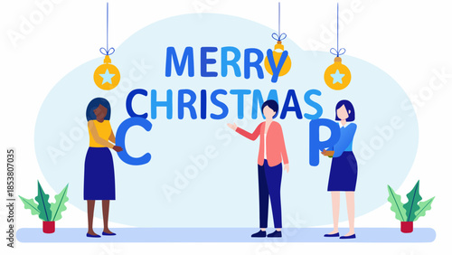 Three people holding letters forming merry christmas with ornaments and plants in a light blue background