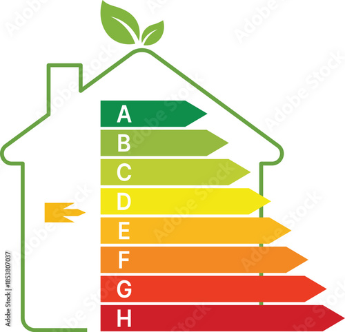 Green house outline with energy efficiency rating scale from A to H