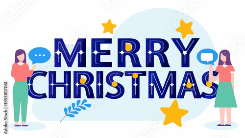 Illustration of two women with speech bubbles flanking a merry christmas text with stars and a leaf design