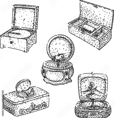 Collection of music boxes hand drawn with decorative details, depicting open lids revealing mechanisms, turning discs, dancing ballerinas, and carousel horses