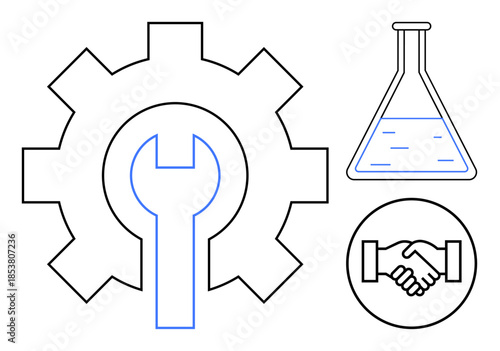 Collaboration concept. Gear, wrench, flask, and handshake icons engineering, science, and teamwork. Collaboration fosters innovation and productivity. For business science engineering teamwork