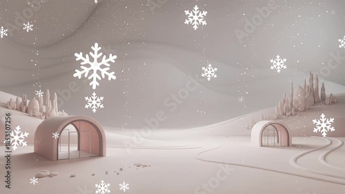 Snowy landscape with modern cabins in winter wonderland scene  
