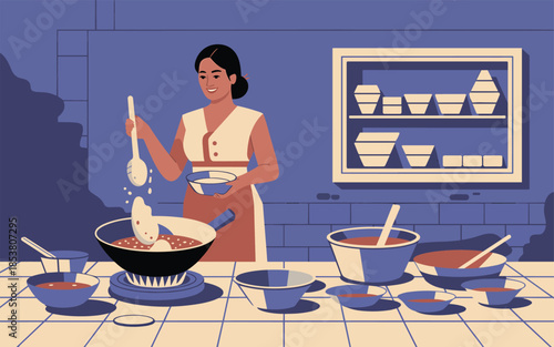 Woman cooking in a kitchen with various dishes and utensils on a tiled countertop