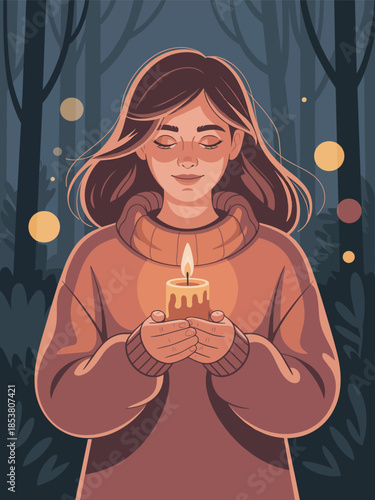 A serene woman holding a candle in a forest, surrounded by trees and glowing orbs, viewed from a slight distance.