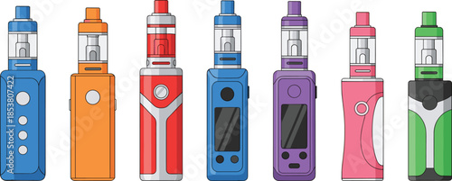 Set of colorful electronic cigarettes and advanced vape mods featuring different tank designs, digital screens, and vibrant battery casings, vector.