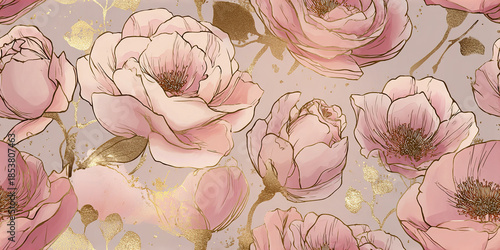 Wallpaper Mural Soft pink rose gold floral pattern with delicate petals and golden accents creating elegant and feminine background full of romantic charm and gentle beauty Torontodigital.ca