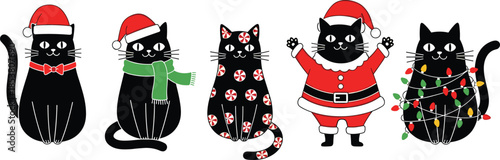 Set of cute black cat characters in Christmas outfits including Santa suit scarf winter hat and colorful holiday lights isolated on white