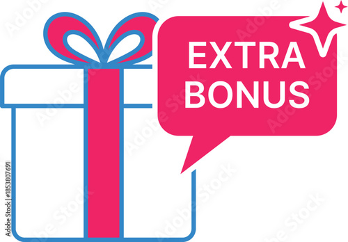 Blue and pink gift box with extra bonus speech bubble and sparkles present