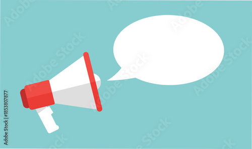 Red and white megaphone with empty white speech bubble on teal background announcement communication