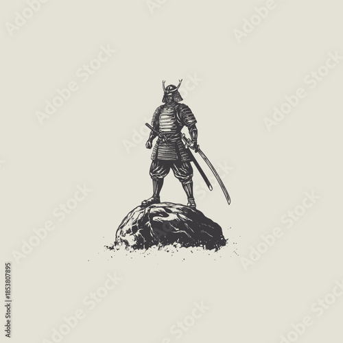 Vintage hand-drawn illustration of a brave samurai warrior in full traditional armor standing on a rock, holding a katana sword.