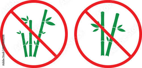 no bamboo icon. Plant prohibition symbols. Bamboo forbidden graphic design. Botanical restriction and garden signs. Forestry and environmental protection signs
