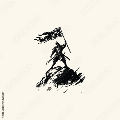 Vintage hand-drawn illustration of a fierce samurai warrior standing atop a mountain peak, triumphantly holding a tattered battle flag