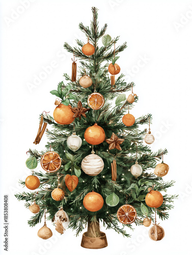 Watercolor Christmas tree decorated with handmade ornaments.