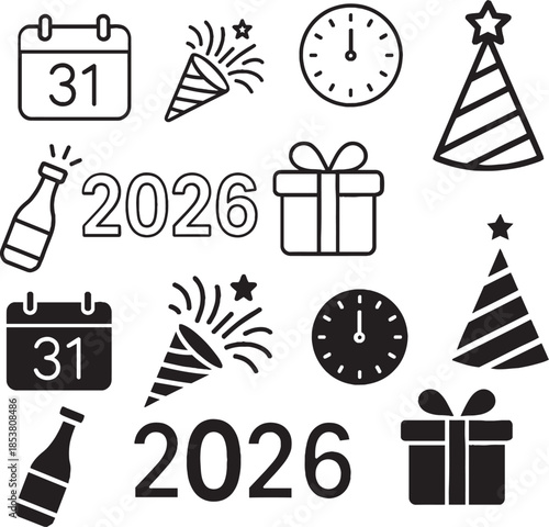 New Year 2026 Celebration Icon Set with Fireworks and Champagne
