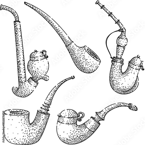 Hand drawn diverse tobacco pipe designs creating an engraving style collection of old smoking accessories and elements, reflecting historical consumer goods