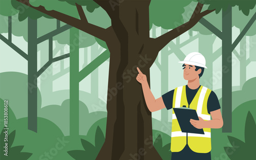Environmental inspector examining a large tree in a lush forest