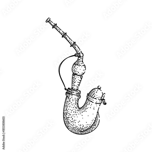 Ornate antique tobacco pipe with a long stem and decorative bowl, showing intricate craftsmanship and traditional smoking culture in a hand drawn monochrome engraving style