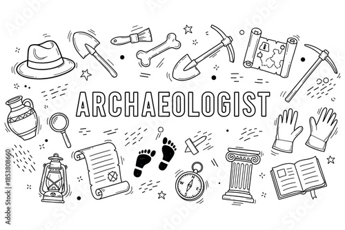 Archaeologist tools and symbols: hat, shovel, bones, map, artifacts, scroll, lantern, compass