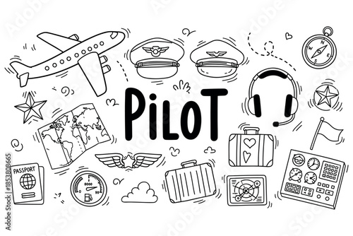 Pilot-themed doodle illustration featuring airplane, map, and luggage elements